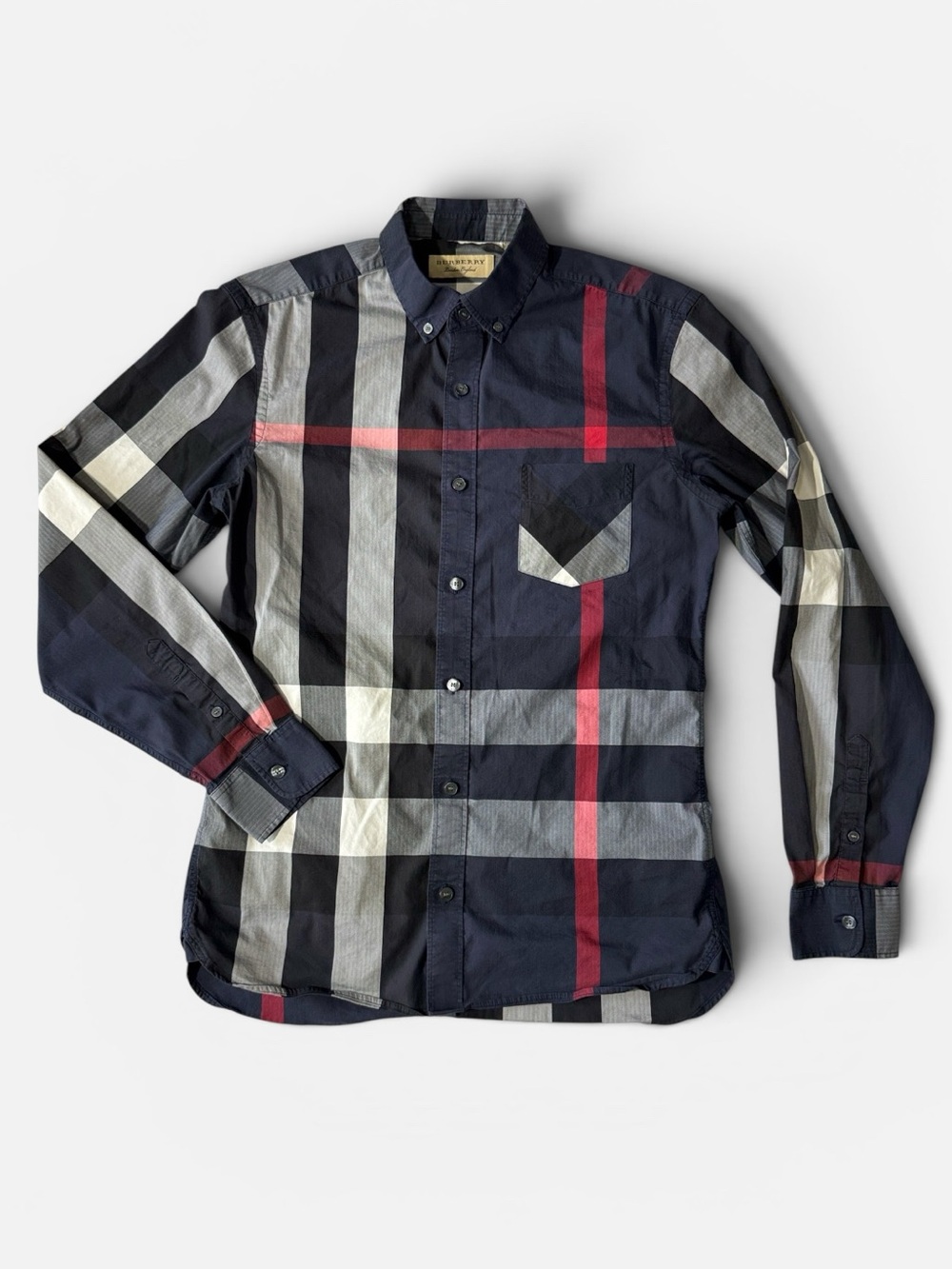 Burberry mens S Small navy blue plaid cotton blend oxford button up slim shirt